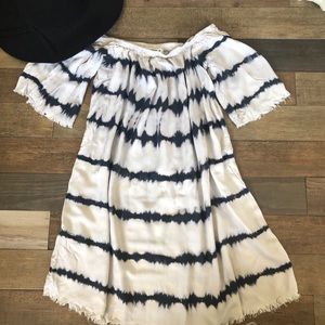Frayed detail, off the shoulder tye-dye dress.